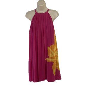 VTG Express pleated 100% Silk floral swing dress Pink Y2K babydoll sz L halter